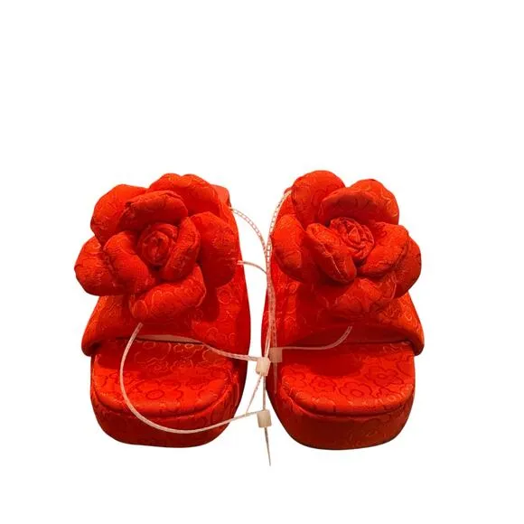 Gianni Bini Red Rosette Flower Mule Heels 9.5 Block Heel Wedding Party Shoes