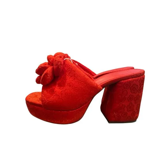 Gianni Bini Red Rosette Flower Mule Heels 9.5 Block Heel Wedding Party Shoes