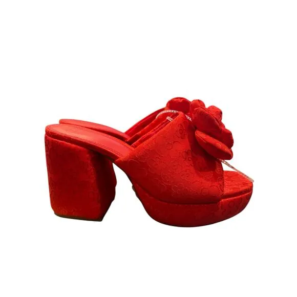 Gianni Bini Red Rosette Flower Mule Heels 9.5 Block Heel Wedding Party Shoes