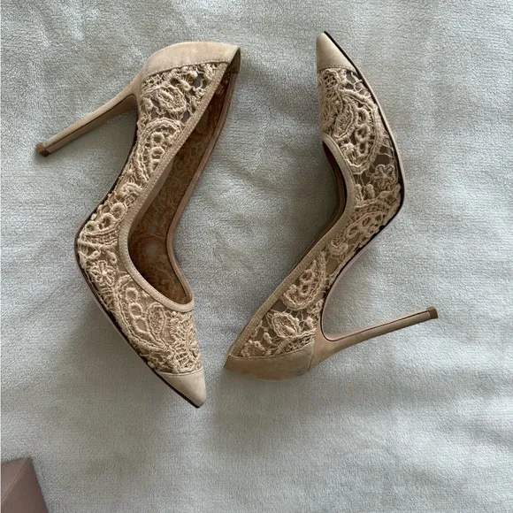 Gianvito Rossi camoscio Elodie Elegant Lace Stiletto Heels - Cream 8 1/2 8.5