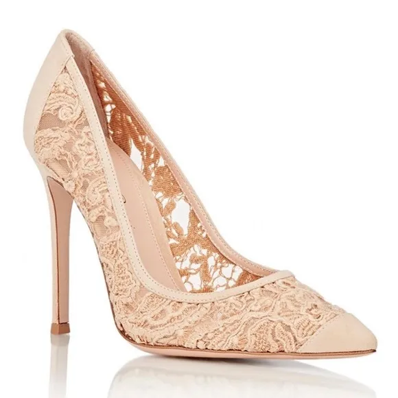 Gianvito Rossi camoscio Elodie Elegant Lace Stiletto Heels - Cream 8 1/2 8.5