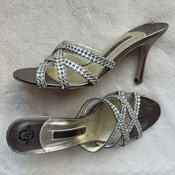 Gina Swarovski® Crystal Gold Cross Strappy High Stiletto Heeled Sandals Women 5