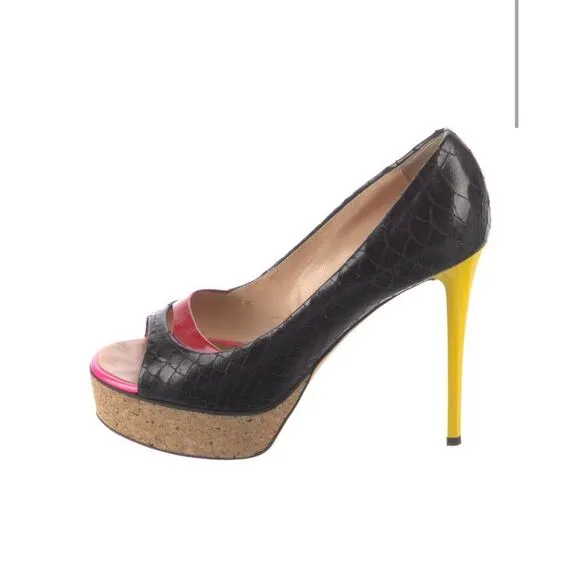 Giuseppe Zanotti Black Red Yellow Leather Snake Peep Toe Platform Shoe EU 37.5