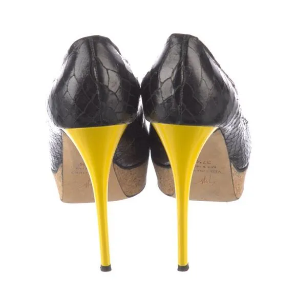 Giuseppe Zanotti Black Red Yellow Leather Snake Peep Toe Platform Shoe EU 37.5