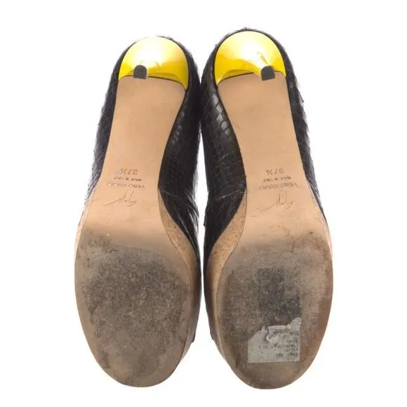 Giuseppe Zanotti Black Red Yellow Leather Snake Peep Toe Platform Shoe EU 37.5