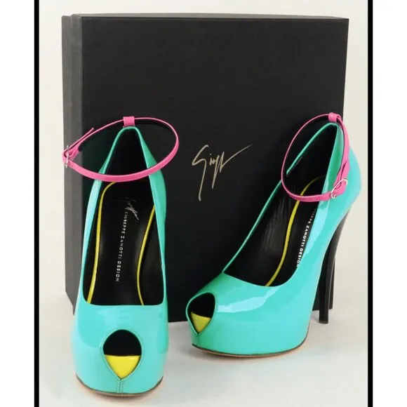 GIUSEPPE ZANOTTI SHOES NEON COLORBLOCK PLATFORM OPEN TOE PUMP sz 36.5 6.5