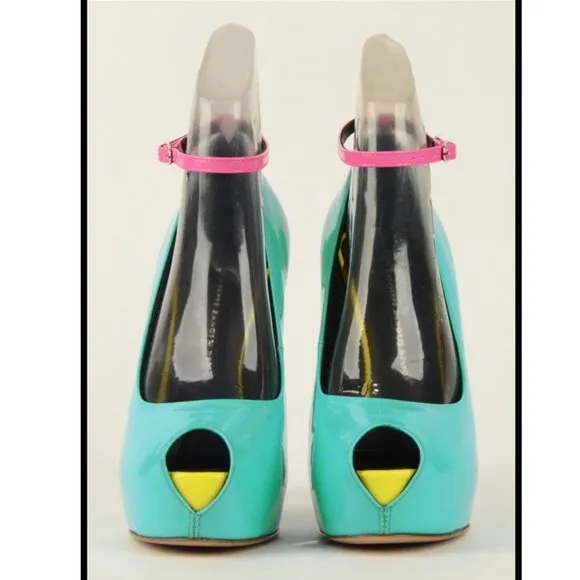GIUSEPPE ZANOTTI SHOES NEON COLORBLOCK PLATFORM OPEN TOE PUMP sz 36.5 6.5