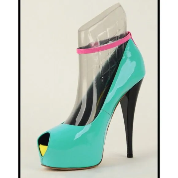 GIUSEPPE ZANOTTI SHOES NEON COLORBLOCK PLATFORM OPEN TOE PUMP sz 36.5 6.5