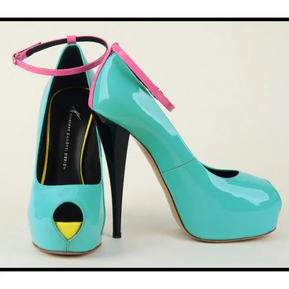 GIUSEPPE ZANOTTI SHOES NEON COLORBLOCK PLATFORM OPEN TOE PUMP sz 36.5 6.5