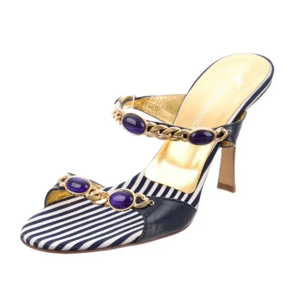 Giuseppe Zanotti /White Stripe Leather Chain -Link Blue Stones Sandal's 8.5 M