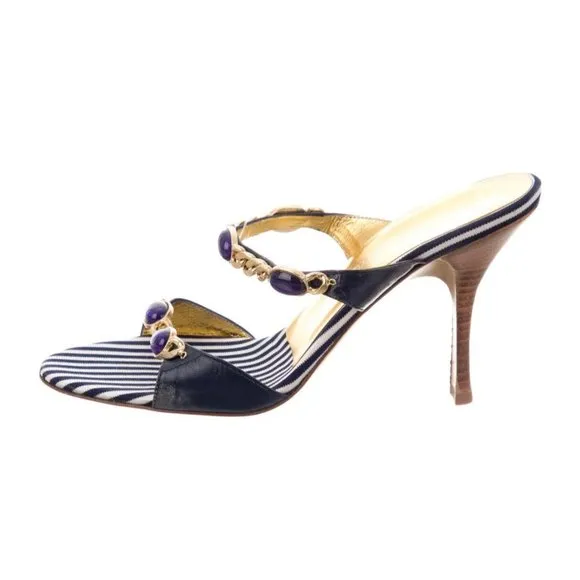 Giuseppe Zanotti /White Stripe Leather Chain -Link Blue Stones Sandal's 8.5 M