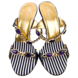Giuseppe Zanotti /White Stripe Leather Chain -Link Blue Stones Sandal's 8.5 M