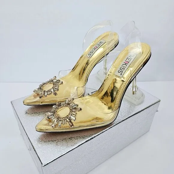 Gold Crystal Embellished Clear Pointed Toe Strappy Triangle Heels Women's Size 6