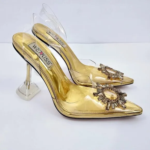 Gold Crystal Embellished Clear Pointed Toe Strappy Triangle Heels Women's Size 6