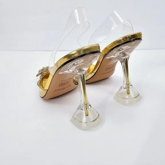 Gold Crystal Embellished Clear Pointed Toe Strappy Triangle Heels Women's Size 6