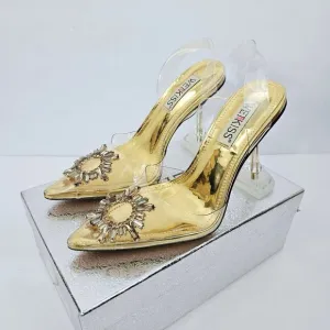 Gold Crystal Embellished Clear Pointed Toe Strappy Triangle Heels Women's Size 6