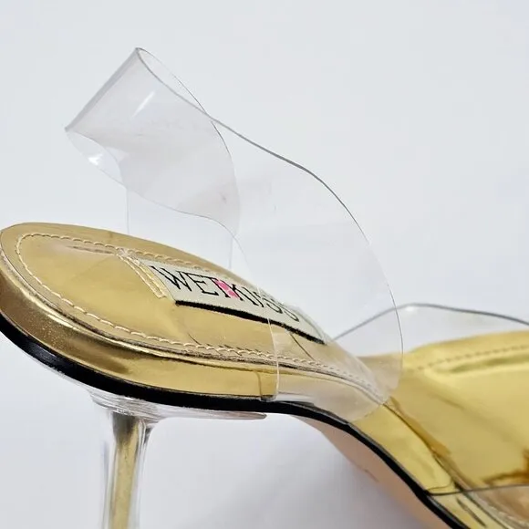 Gold Crystal Embellished Clear Pointed Toe Strappy Triangle Heels Women's Size 6
