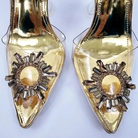 Gold Crystal Embellished Clear Pointed Toe Strappy Triangle Heels Women's Size 6
