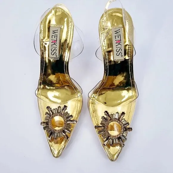 Gold Crystal Embellished Clear Pointed Toe Strappy Triangle Heels Women's Size 6