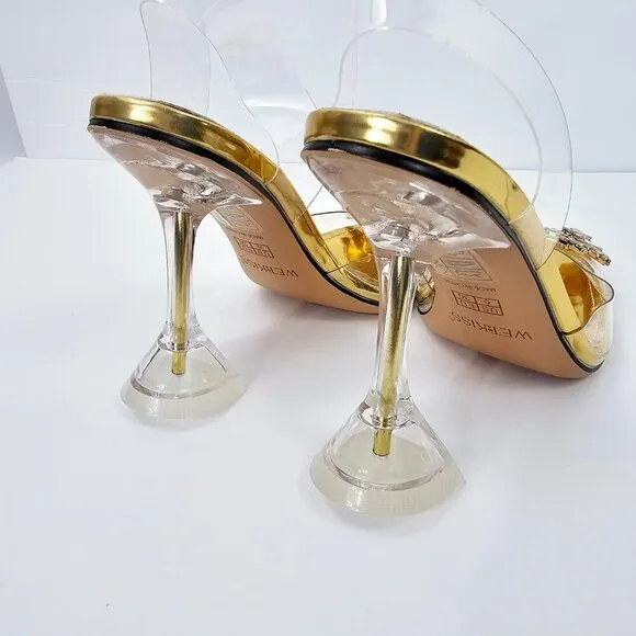 Gold Crystal Embellished Clear Pointed Toe Strappy Triangle Heels Women's Size 6