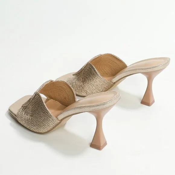 Gold Glamorous Womens Braided Detail Mules Fabric Pyramid Heel Sandals