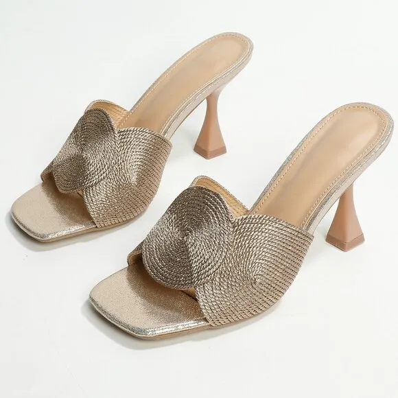 Gold Glamorous Womens Braided Detail Mules Fabric Pyramid Heel Sandals