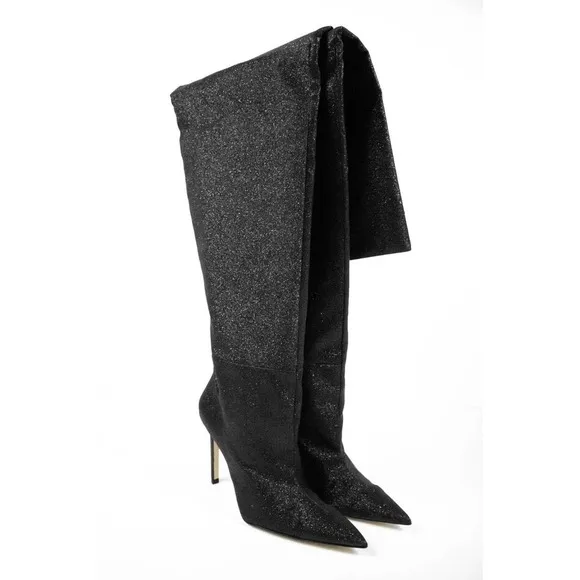 Good American Black Glitter Thigh High Over The Knee Boots Women Size 6 Heels