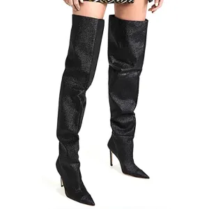Good American Black Glitter Thigh High Over The Knee Boots Women Size 6 Heels
