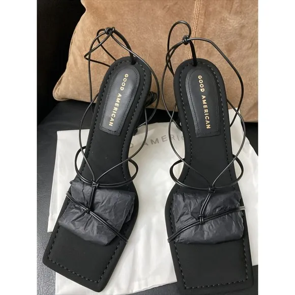 Good American Black Strappy Neoprene Ultra High Heel Womens Size 8.5 NIB