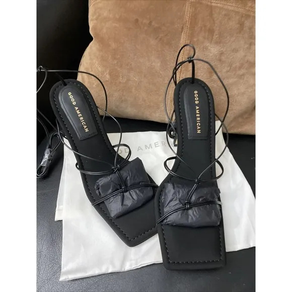 Good American Black Strappy Neoprene Ultra High Heel Womens Size 8.5 NIB