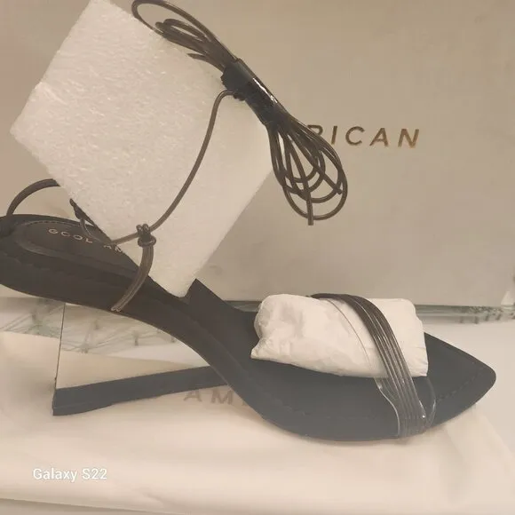 Good American Cinderella lucite triangle wedge heel strappy sandal black lace up