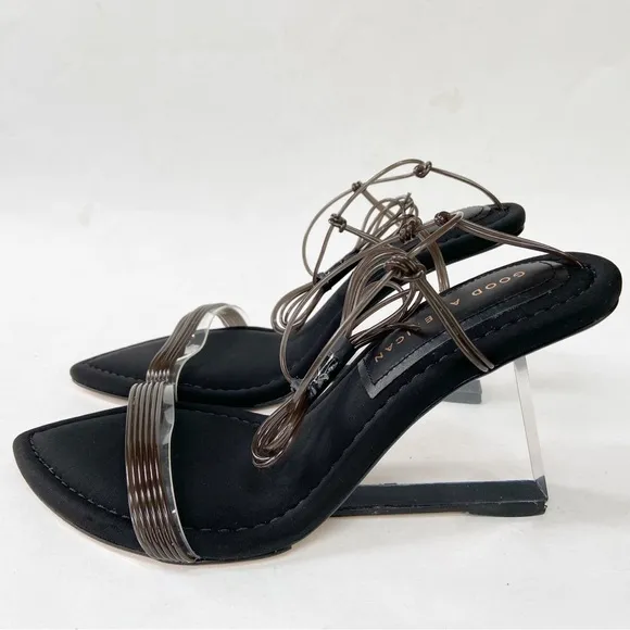 Good American Neoprene Clear Block Heel Clear and Brown Straps Sandals 5 New