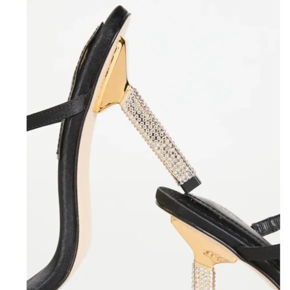Good American Satin Rhinestone Sandals strappy bling 6.5 black NEW NIB