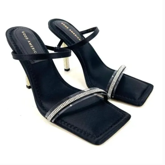 Good American Satin Rhinestone Sandals strappy bling 6.5 black NEW NIB