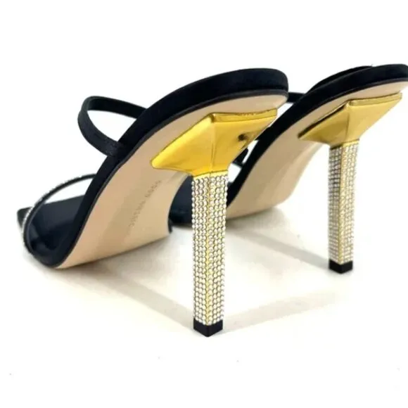 Good American Satin Rhinestone Sandals strappy bling 6.5 black NEW NIB