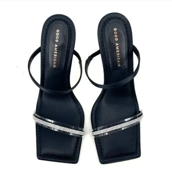 Good American Satin Rhinestone Sandals strappy bling 6.5 black NEW NIB