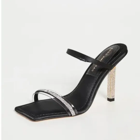 Good American Satin Rhinestone Sandals strappy bling 6.5 black NEW NIB