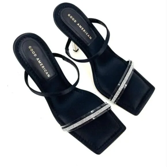 Good American Satin Rhinestone Sandals strappy bling 6.5 black NEW NIB