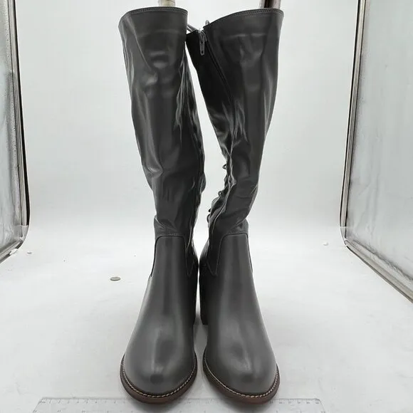 Grey Women Stacked Block Heels Almond Toe Lace-up Zipper Knee High Combat Boots