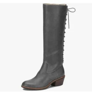 Grey Women Stacked Block Heels Almond Toe Lace-up Zipper Knee High Combat Boots