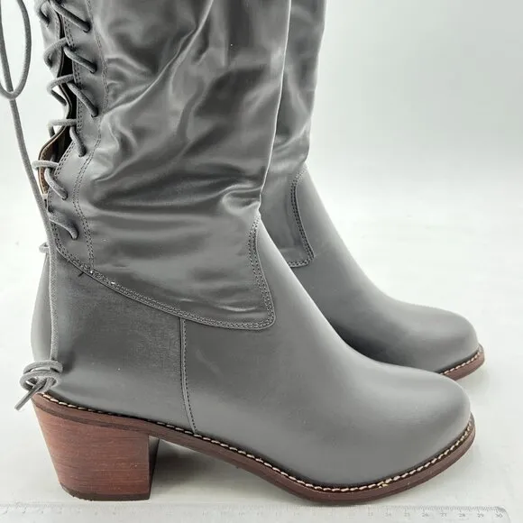 Grey Women Stacked Block Heels Almond Toe Lace-up Zipper Knee High Combat Boots