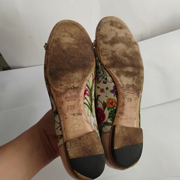 GUCCI Floral Canvas Flats Bamboo Horsebit Sz 7