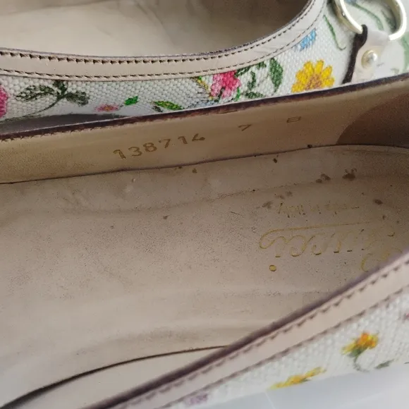 GUCCI Floral Canvas Flats Bamboo Horsebit Sz 7