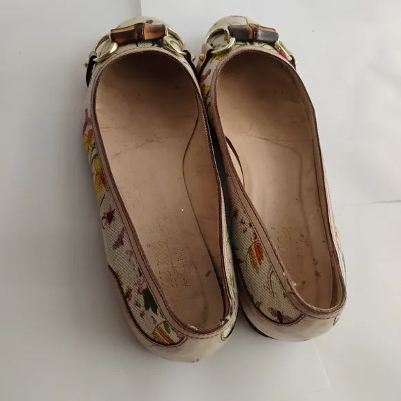 GUCCI Floral Canvas Flats Bamboo Horsebit Sz 7