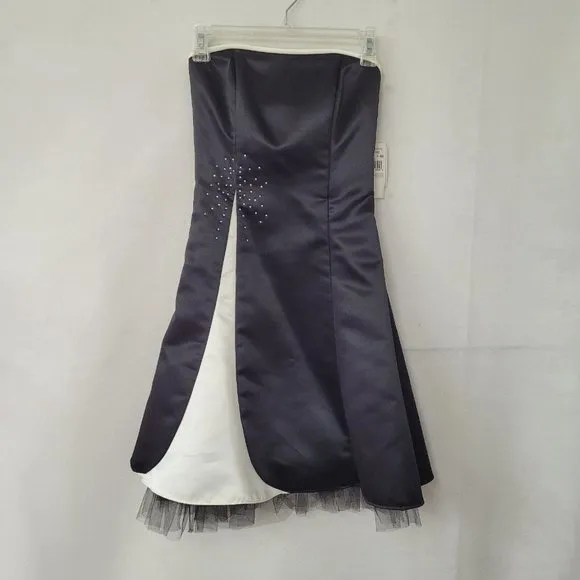 Gunne Sax Dress Size 1/2 Strapless Formal Classic Black/White Rhinestone Prom