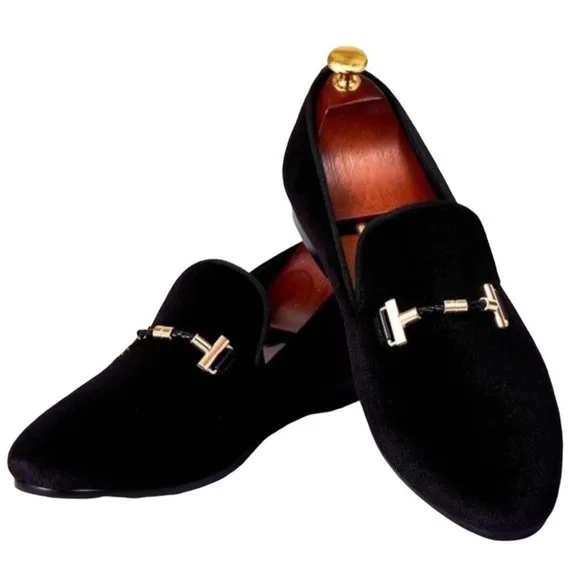 Harpelunde Italian Men Black Velvet Buckle Strap Flat Dress Wedding Shoes Loafer