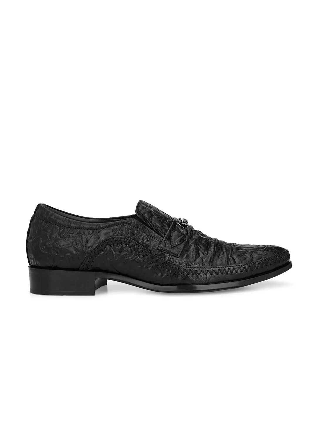 Hitz Men's Black Leather Slip On Semi-Formal Shoes