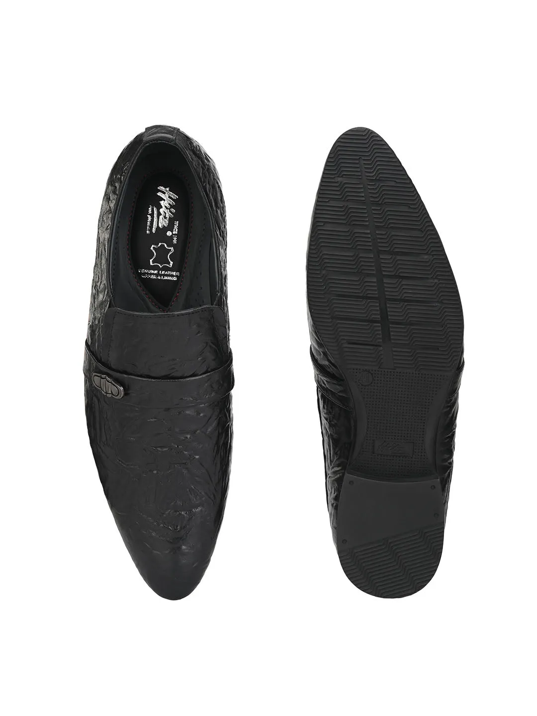 Hitz Men's Black Leather Slip-On Semi-Formal Shoes