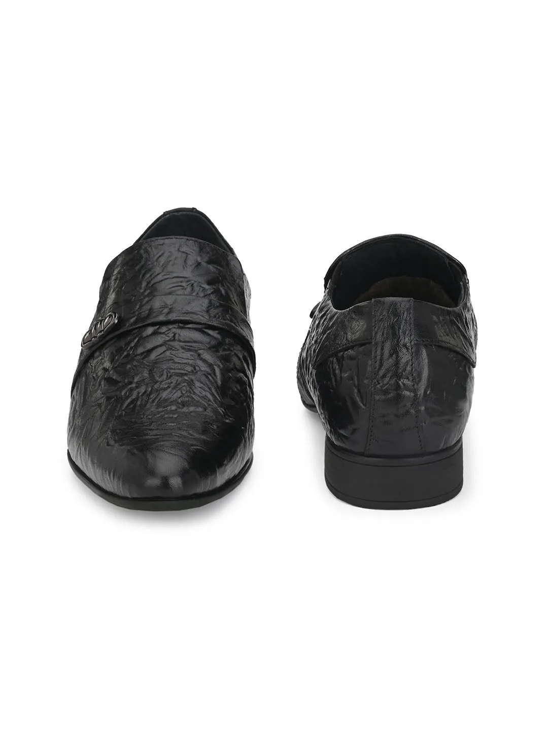 Hitz Men's Black Leather Slip-On Semi-Formal Shoes