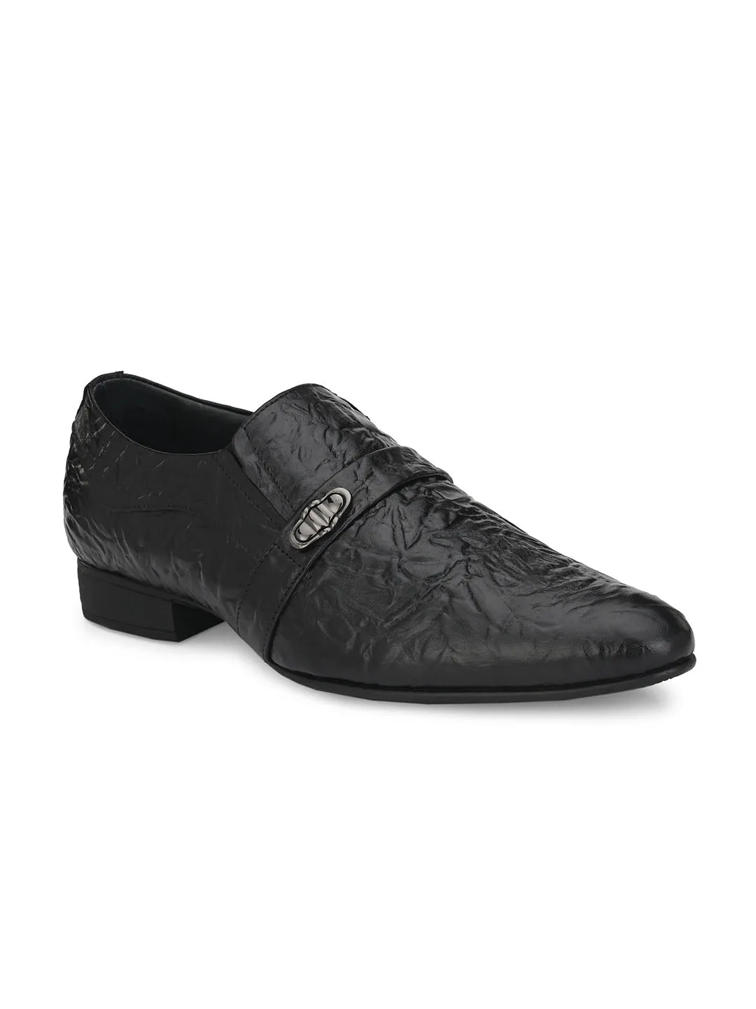 Hitz Men's Black Leather Slip-On Semi-Formal Shoes